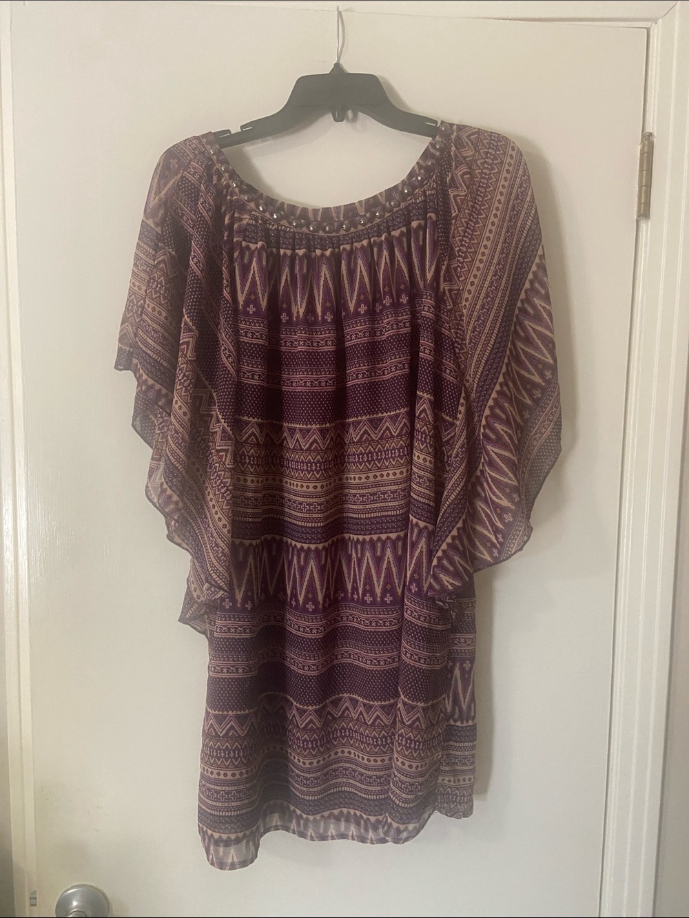 Boho Off-Shoulder Tunic Dress in Plum Pattern